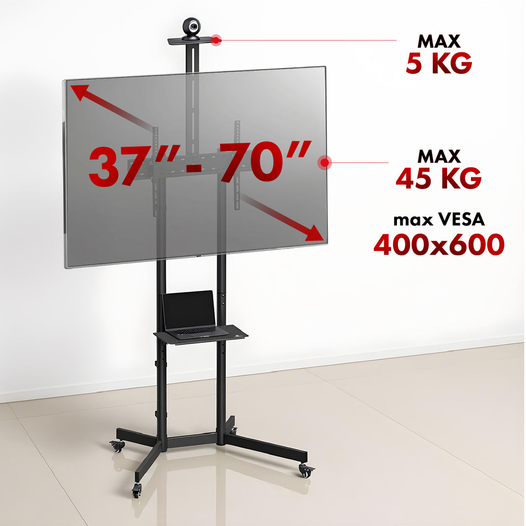 Stand / wózek do TV Maclean, półka na kamerę, na kółkach, 37-70", max. obciążenie 45kg/5kg półka, max. VESA 600x400, MC-113 B