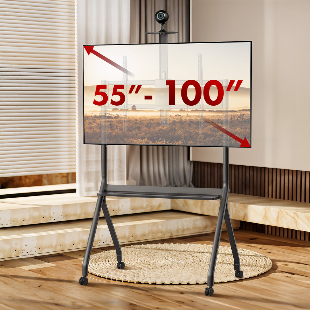 Stand / wózek do TV Maclean, półka na kamerę, na kółkach, 55-100", max. obciążenie 120kg/10kg półka, max. VESA 900x600, czarny, MC-114 B
