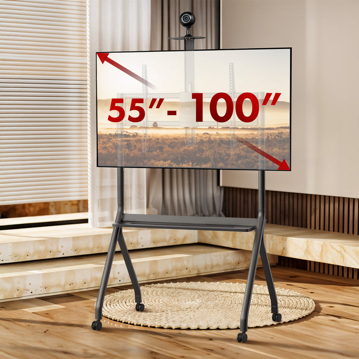 Stand / wózek do TV Maclean, półka na kamerę, na kółkach, 55-100", max. obciążenie 120kg/10kg półka, max. VESA 900x600, czarny, MC-114 B