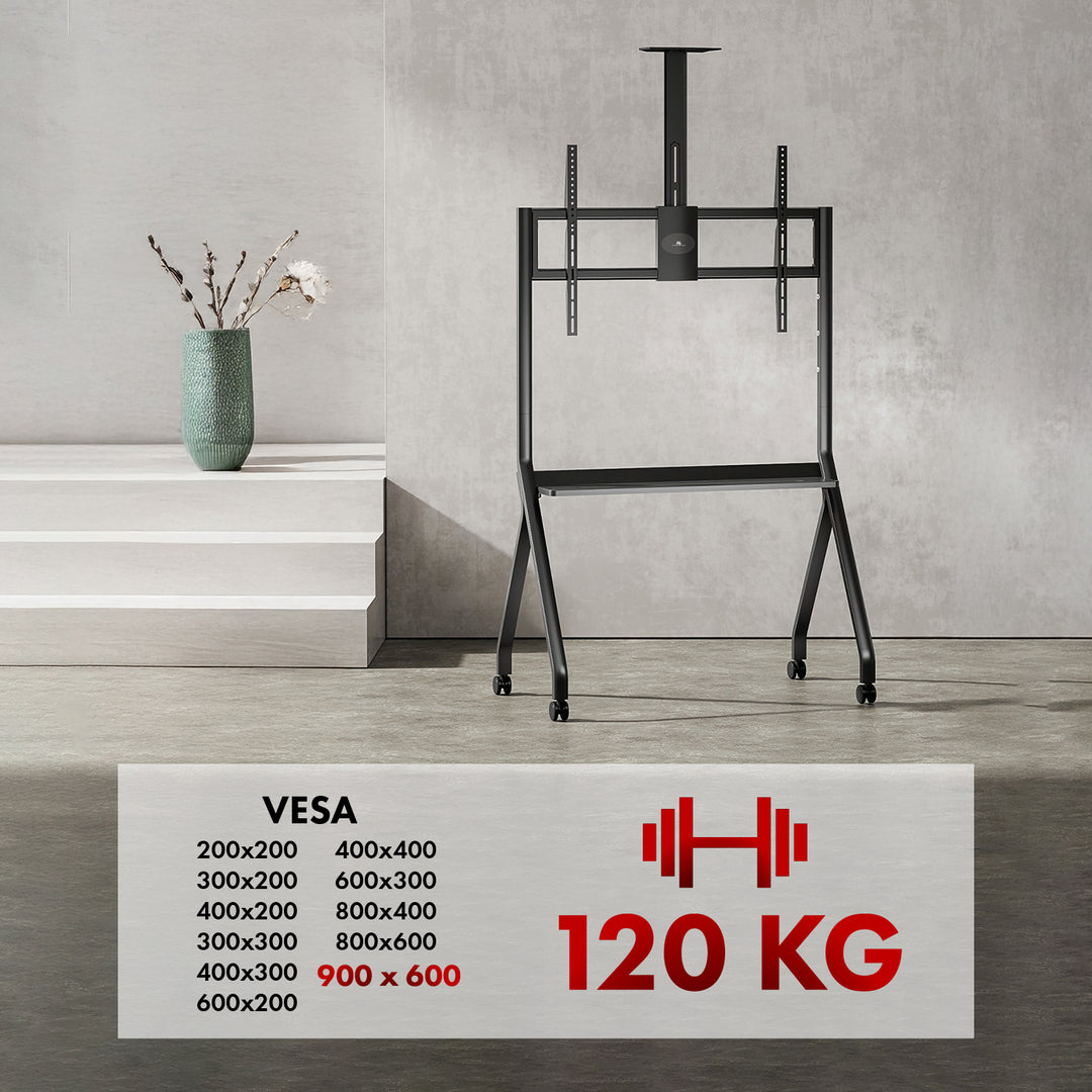 Stand / wózek do TV Maclean, półka na kamerę, na kółkach, 55-100", max. obciążenie 120kg/10kg półka, max. VESA 900x600, czarny, MC-114 B