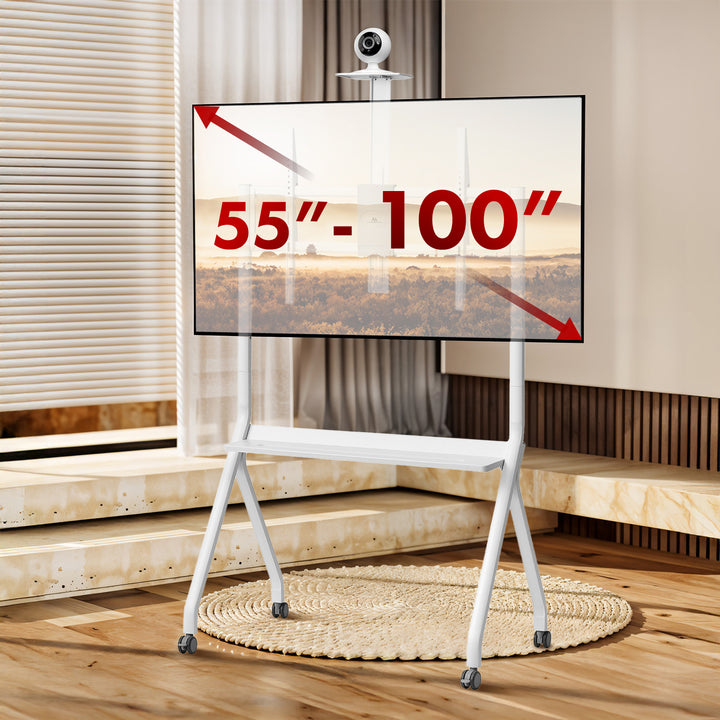 Stand / wózek do TV Maclean, półka na kamerę, na kółkach, 55-100", max. obciążenie 120kg/10kg półka, max. VESA 900x600, biały, MC-114 W