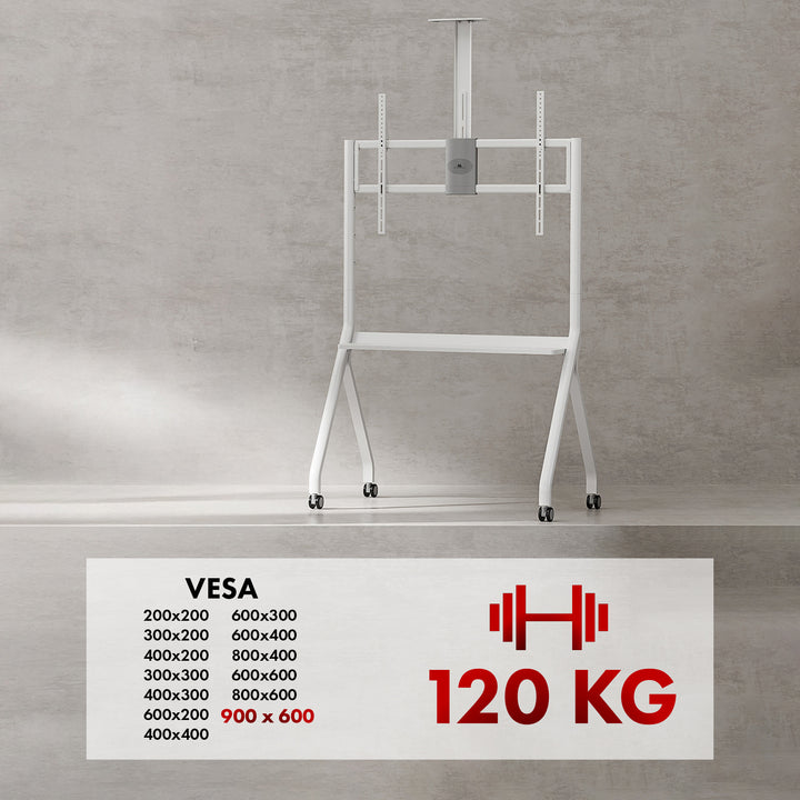Stand / wózek do TV Maclean, półka na kamerę, na kółkach, 55-100", max. obciążenie 120kg/10kg półka, max. VESA 900x600, biały, MC-114 W
