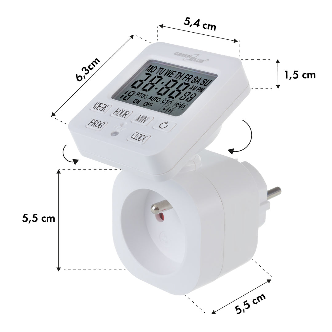 Włącznik czasowy - timer cyfrowy GreenBlue, max. obciążenie 16A, IP20, GB605 E, 2 sztuki