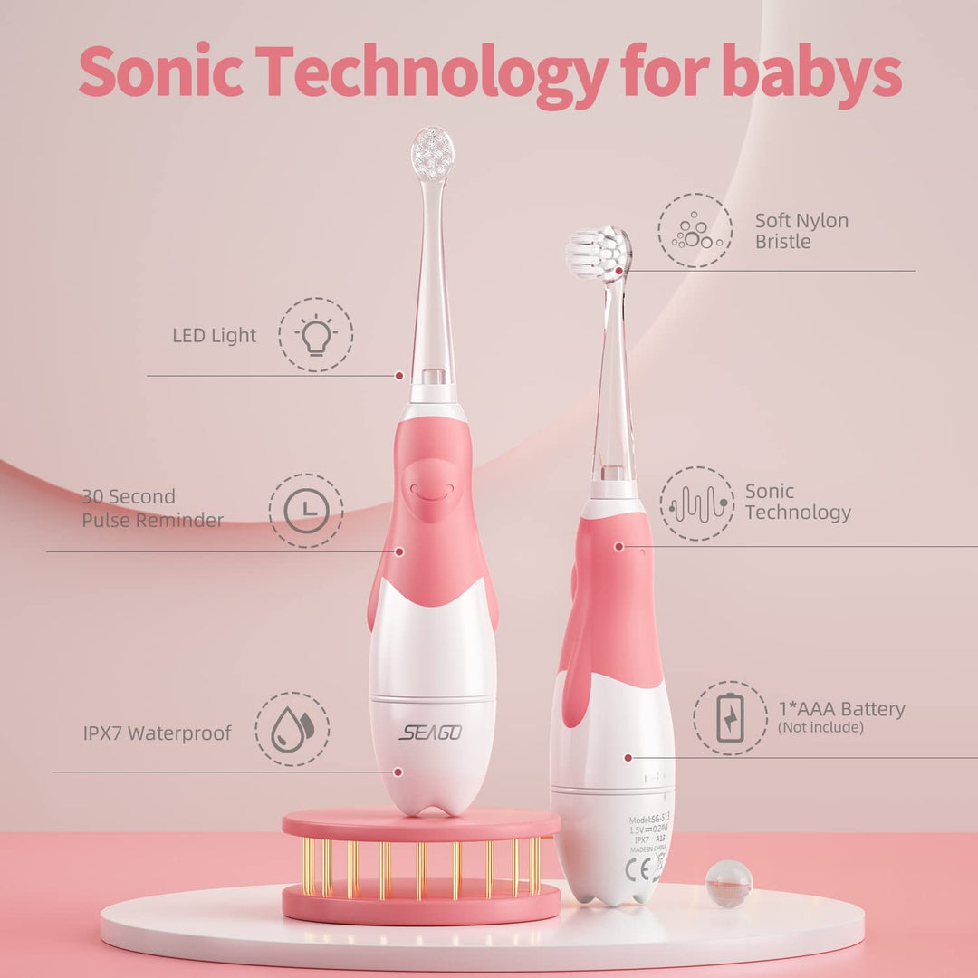 Szczoteczka soniczna dla dzieci SEAGO, kolor różowy, 1xAAA 1,5V (brak w zestawie), 4 końcówki, SG-513 Pink + Zestaw zapasowych szczoteczek do SG-513, SG-977 SEAGO, 4 szt., kolor transparentny, SG-513 Refill