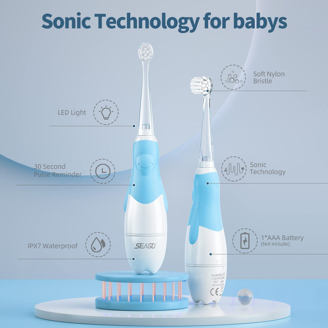 Szczoteczka soniczna dla dzieci SEAGO, kolor niebieski, 1xAAA 1,5V (brak w zestawie), 4 końcówki, SG-513 Blue + Zestaw zapasowych szczoteczek do SG-513, SG-977 SEAGO, 4 szt., kolor transparentny, SG-513 Refill