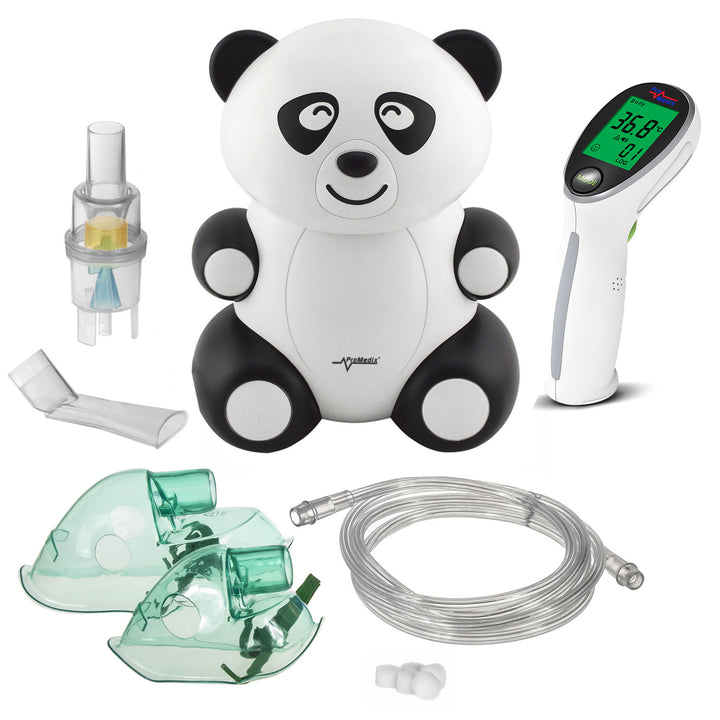 Inhalator dla dzieci Promedix PR-812 panda, zestaw nebulizator, maski, filterki + termometr lekarski bezdotykowy na podczerwień Promedix PR-960