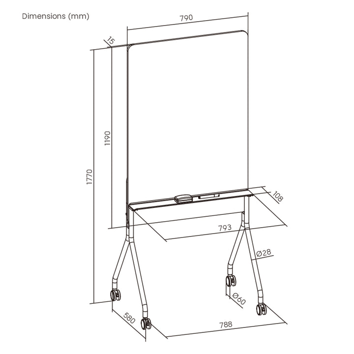 Mobilna tablica suchościeralna Ergo Office, orientacja pionowa, biała, jednostronna, z półką, wymiary tablicy 1190x790mm, ER-305