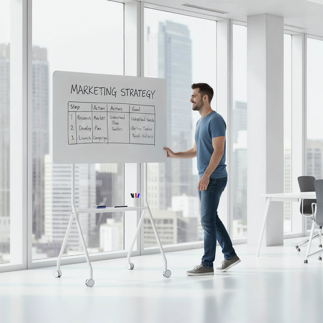 Mobilna tablica suchościeralna Ergo Office, orientacja pozioma, biała, jednostronna, z półką, wymiary tablicy 1190x790mm, ER-306