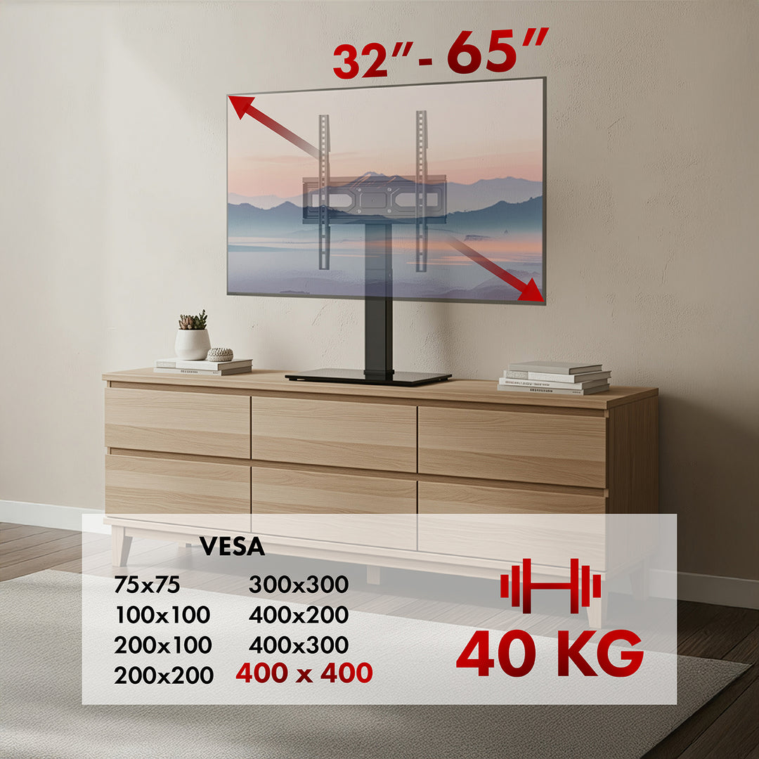 Uniwersalny stojak do TV Maclean, na szafkę RTV, podstawka, max. 40kg, max. VESA 400x400, regulacja wysokości i kąta, dla TV 32-65", MC-124