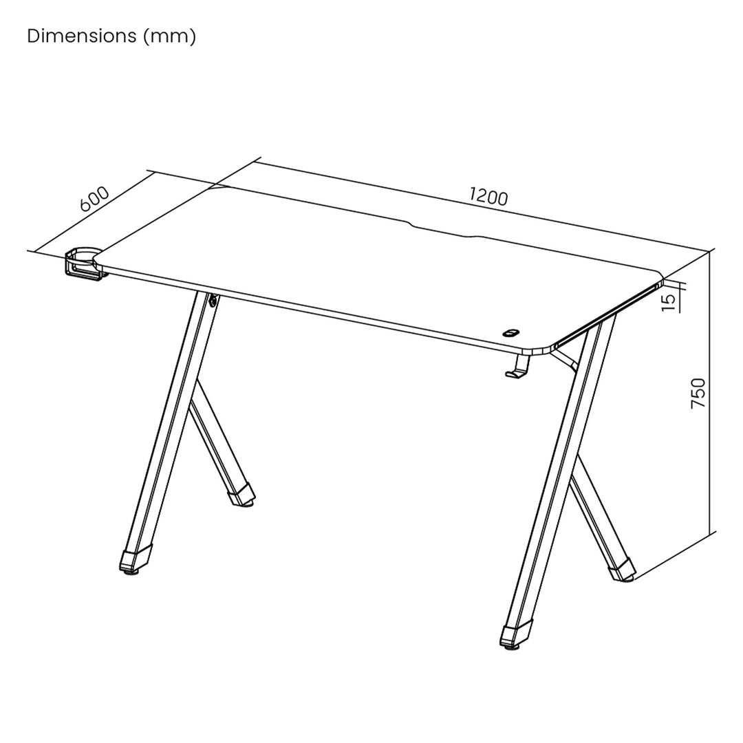 Biurko gamingowe NanoRS, czarne, z uchwytem na słuchawki i kubek, max. 75kg, wymiary 1200x600x750mm, RS101
