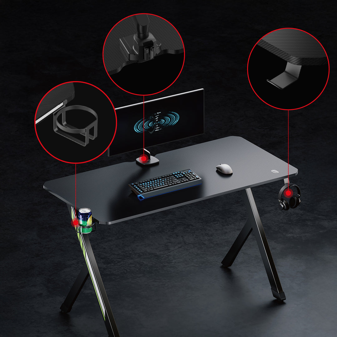 Biurko gamingowe NanoRS, czarne, z uchwytem na słuchawki i kubek, max. 75kg, wymiary 1200x600x750mm, RS101