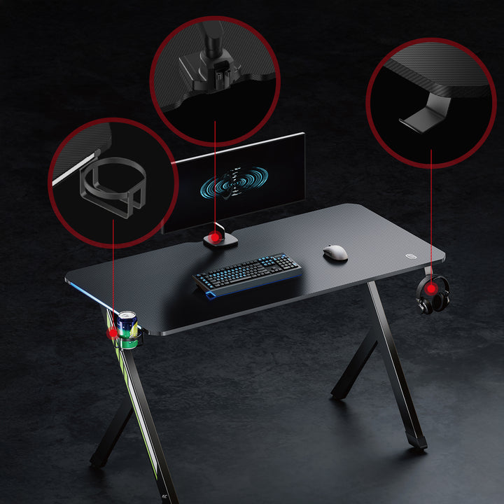 Biurko gamingowe NanoRS, czarne, z uchwytem na słuchawki i kubek, podświetlenie RGB, max. 75kg, wymiary 1200x600x750mm, RS102
