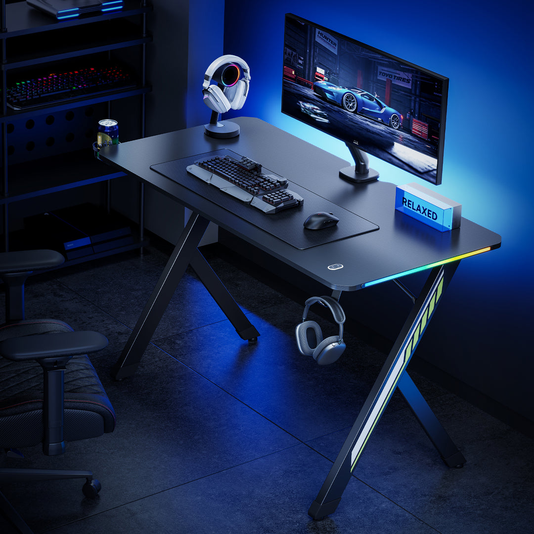 Biurko gamingowe NanoRS, czarne, z uchwytem na słuchawki i kubek, podświetlenie RGB, max. 75kg, wymiary 1200x600x750mm, RS102