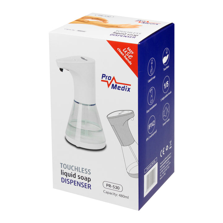 Automatyczny dozownik Promedix, pojemnik dyspenser do płynnych mydeł, płynów dezynfekujących, 480ml, 4xAA PR-530 + 4x baterie Varta Industrial LR6/AA R-06
