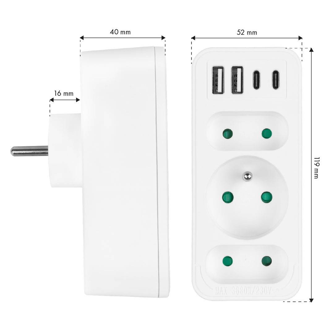 Gniazdko prądowe x3 + 4xUSB Maclean, rozgałęźnik z 3 gniazdami, 2xUSB A, 2xUSB C PD 20W, 1x16A + 2x6A, MCE248 F/W