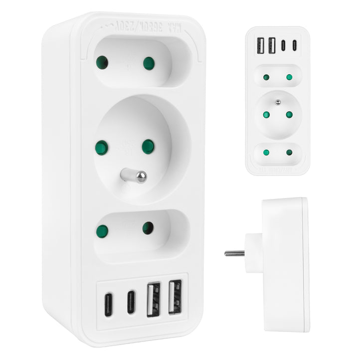 Gniazdko prądowe x3 + 4xUSB Maclean, rozgałęźnik z 3 gniazdami, 2xUSB A, 2xUSB C PD 20W, 1x16A + 2x6A, MCE248 F/W
