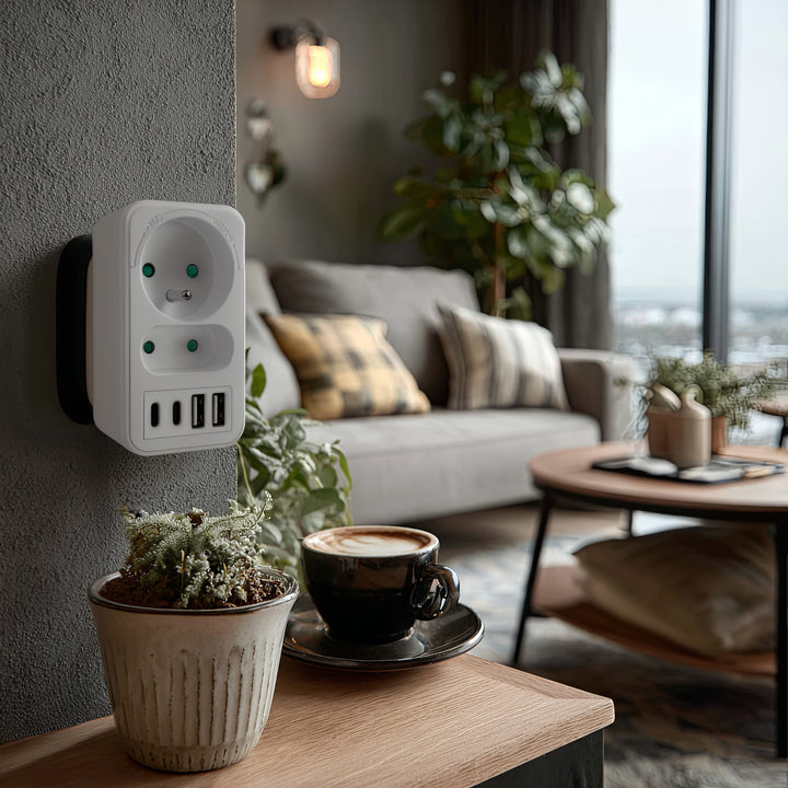 Gniazdko prądowe x2 + 4xUSB Maclean, rozgałęźnik z 2 gniazdami, 2xUSB A, 2xUSB C PD 20W, 1x16A + 1x6A, MCE249 F/W