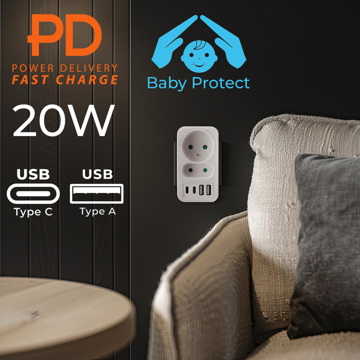 Gniazdko prądowe x2 + 4xUSB Maclean, rozgałęźnik z 2 gniazdami, 2xUSB A, 2xUSB C PD 20W, 1x16A + 1x6A, MCE249 F/W