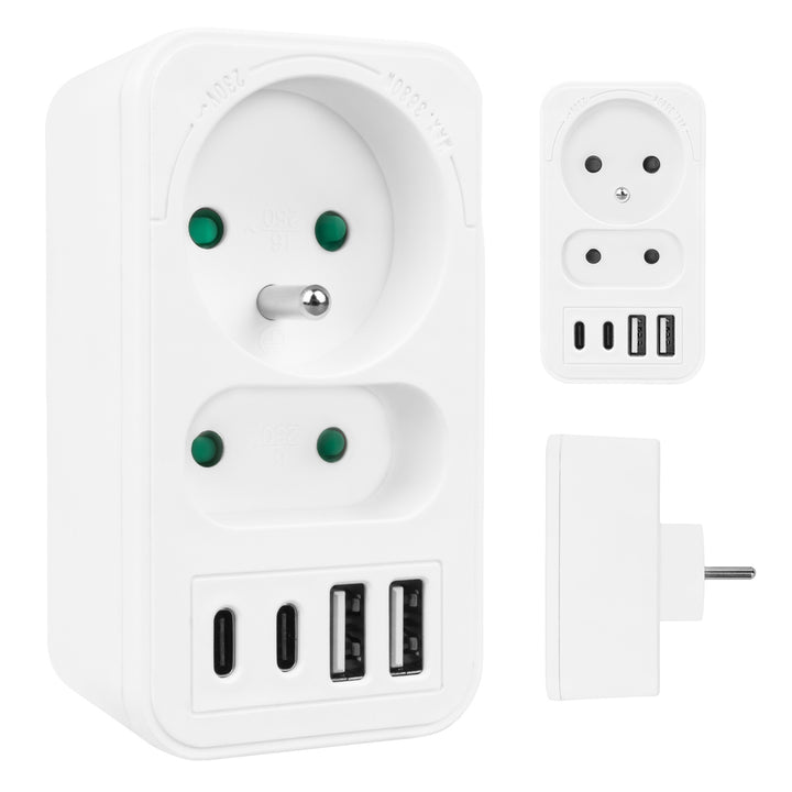 Gniazdko prądowe x2 + 4xUSB Maclean, rozgałęźnik z 2 gniazdami, 2xUSB A, 2xUSB C PD 20W, 1x16A + 1x6A, MCE249 F/W