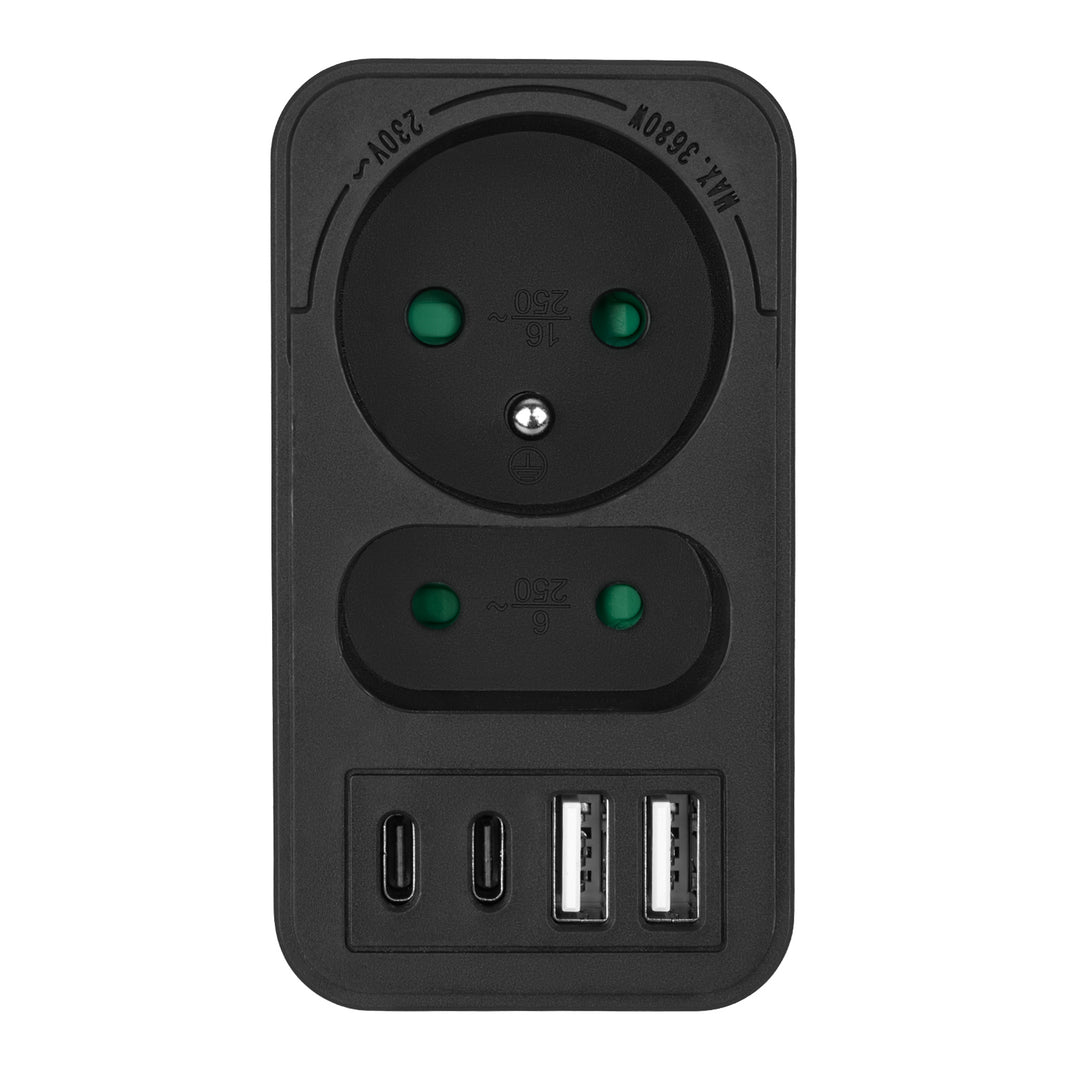 Gniazdko prądowe x2 + 4xUSB Maclean, rozgałęźnik z 2 gniazdami, 2xUSB A, 2xUSB C PD 20W, 1x16A + 1x6A, MCE249 F/W