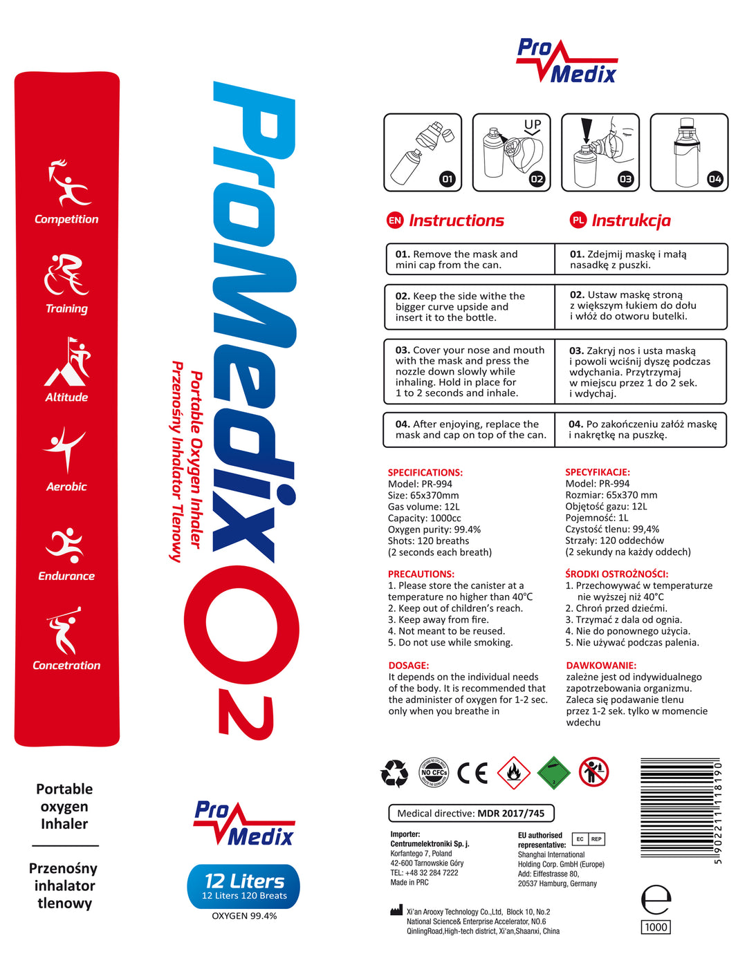 Przenośny inhalator tlenowy w puszce 99,4% Promedix 12L, PR-994, 16 sztuk