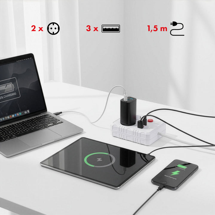 Listwa zasilająca Maclean, przedłużacz 2 gniazda + 3xUSB, 110-240V AC 50/60Hz, 2.1A max 2500W, 1.5m, biała, MCE387 W