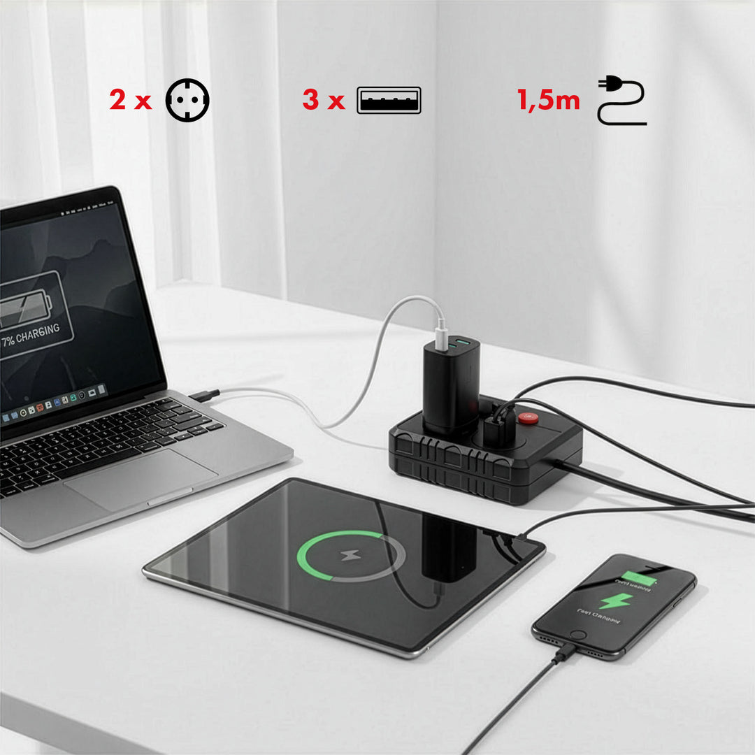 Listwa zasilająca Maclean, przedłużacz 2 gniazda + 3xUSB, 110-240V AC 50/60Hz, 2.1A max 2500W, 1.5m, czarna, MCE387 B