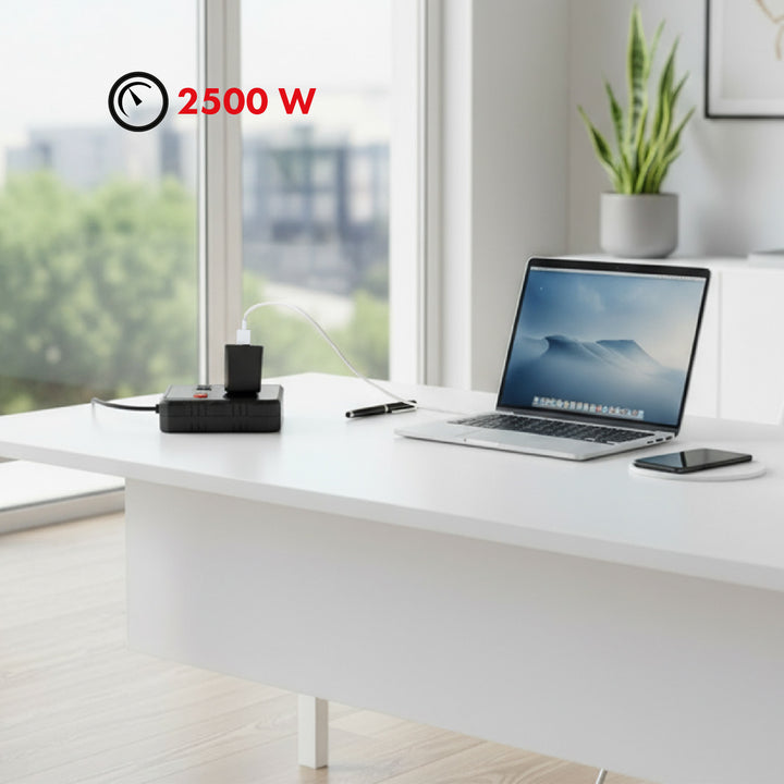 Listwa zasilająca Maclean, przedłużacz 2 gniazda + 3xUSB, 110-240V AC 50/60Hz, 2.1A max 2500W, 1.5m, czarna, MCE387 B