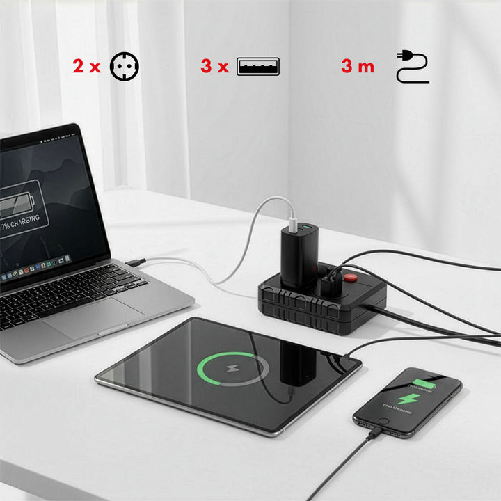 Listwa zasilająca Maclean, przedłużacz 2 gniazda + 3xUSB, 110-240V AC 50/60Hz, 2.1A max 2500W, 3 m, czarna, MCE388 B