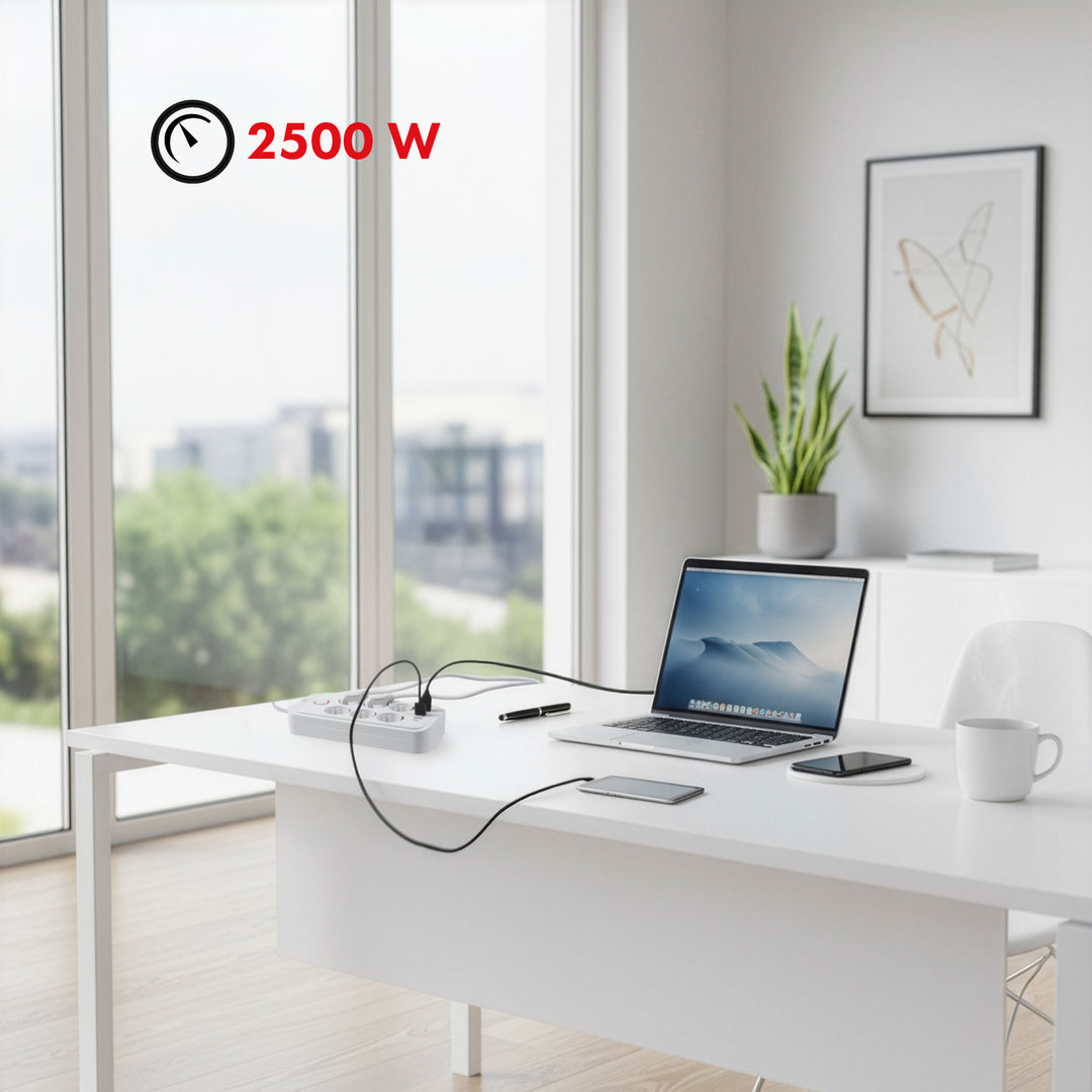 Listwa zasilająca Maclean, przedłużacz 6 gniazd + 4xUSB, 110-240V AC 50/60Hz, 2.1A max 2500W, 1,5 m, biała, MCE389 W