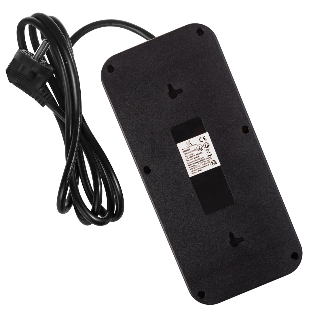Listwa zasilająca Maclean, przedłużacz 6 gniazd + 4xUSB, 110-240V AC 50/60Hz, 2.1A max 2500W, 1,5 m, czarna, MCE389 B