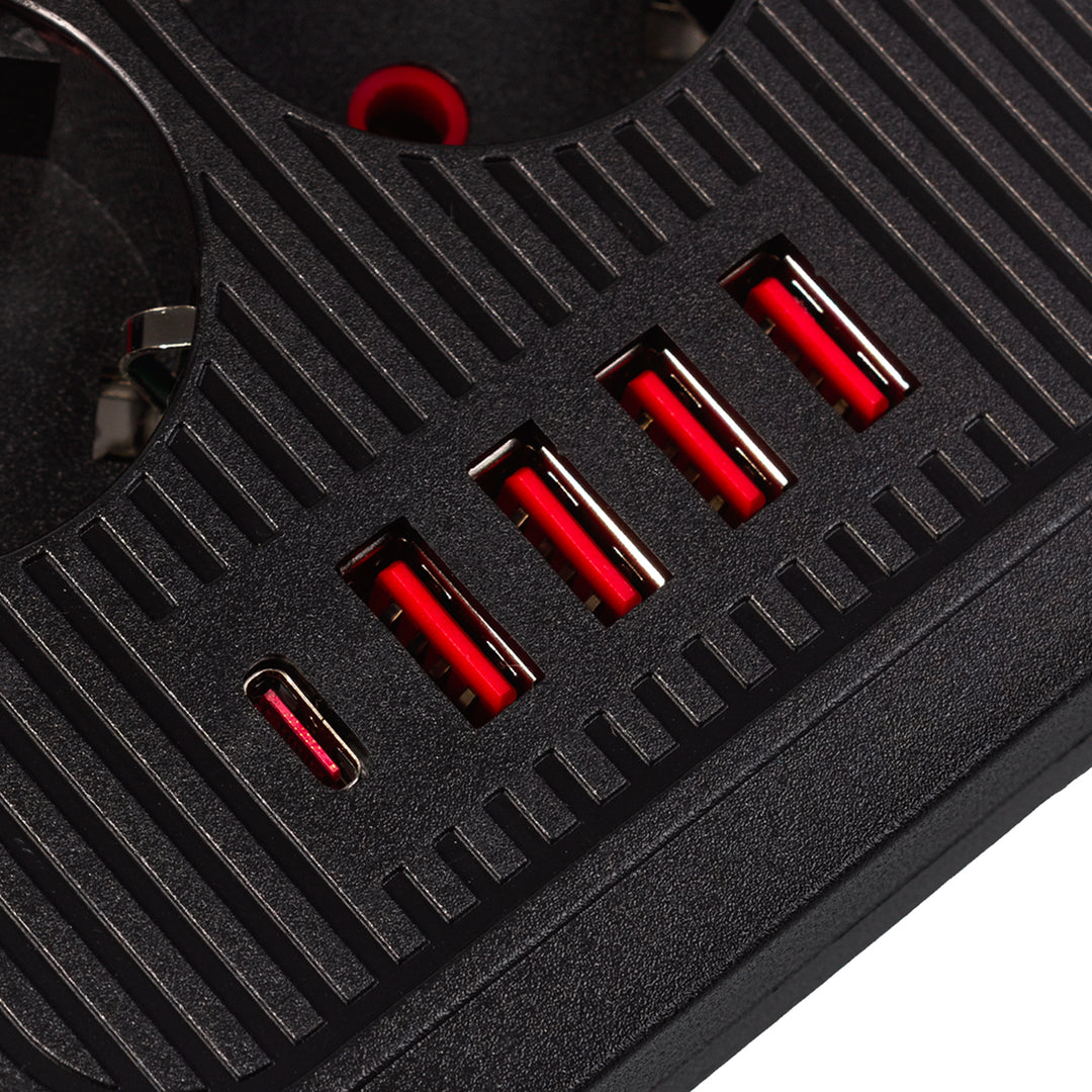 Listwa zasilająca Maclean, przedłużacz 6 gniazd + 4xUSB, 110-240V AC 50/60Hz, 2.1A max 2500W, 1,5 m, czarna, MCE389 B