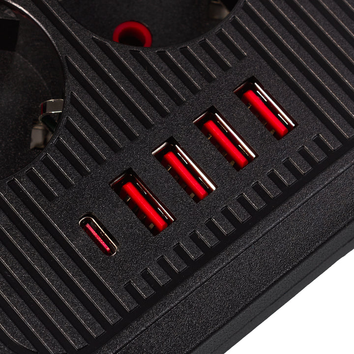 Listwa zasilająca Maclean, przedłużacz 6 gniazd + 4xUSB, 110-240V AC 50/60Hz, 2.1A max 2500W, 1,5 m, czarna, MCE389 B