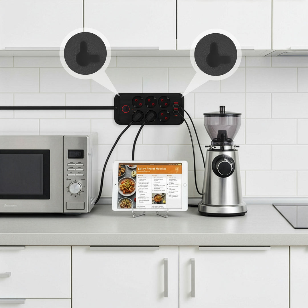 Listwa zasilająca Maclean, przedłużacz 6 gniazd + 4xUSB, 110-240V AC 50/60Hz, 2.1A max 2500W, 1,5 m, czarna, MCE389 B