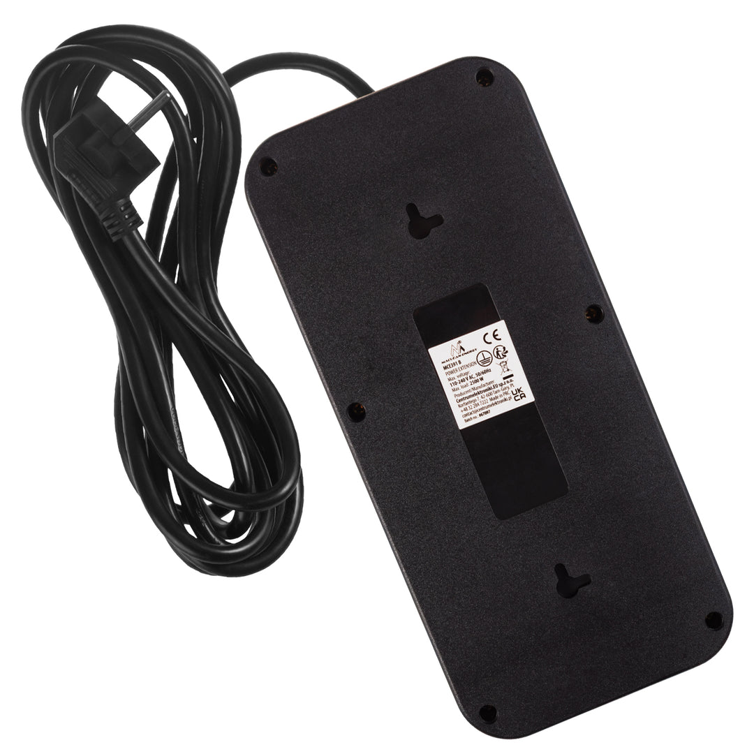 Listwa zasilająca Maclean, przedłużacz 6 gniazd + 4xUSB, 110-240V AC 50/60Hz, 2.1A max 2500W, 3m, czarna, MCE391 B