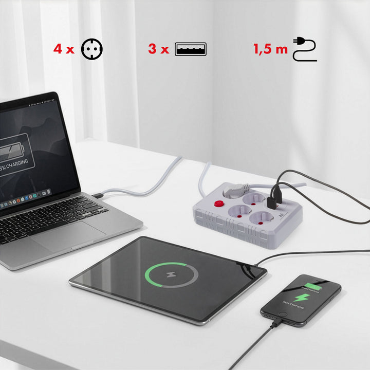 Listwa zasilająca Maclean, przedłużacz 4 gniazda + 3xUSB, 110-240V AC 50/60Hz, 2.1A max 2500W, 1,5m, biała, MCE392 W