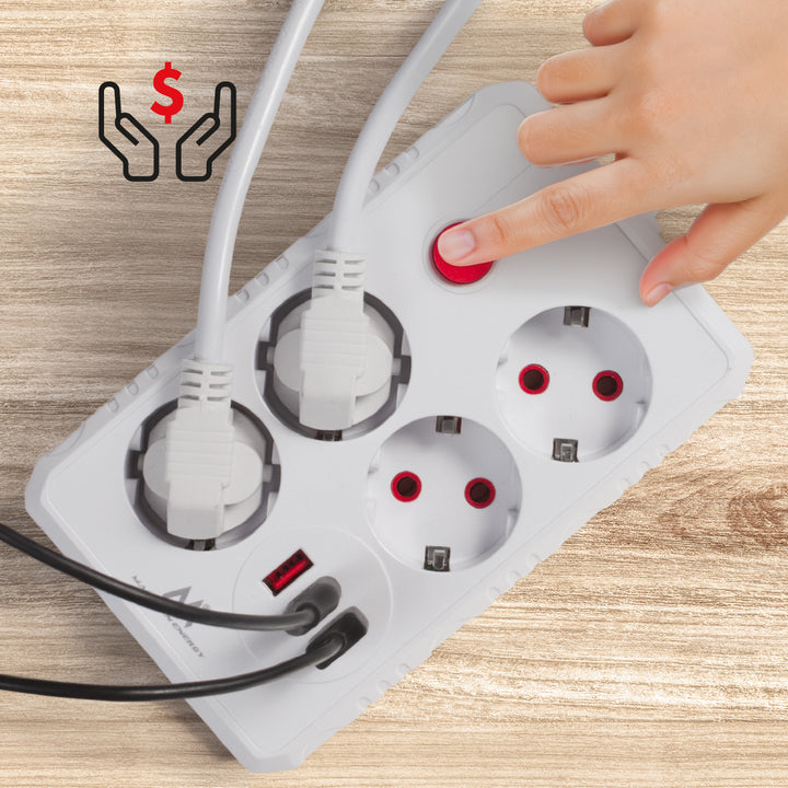 Listwa zasilająca Maclean, przedłużacz 4 gniazda + 3xUSB, 110-240V AC 50/60Hz, 2.1A max 2500W, 1,5m, biała, MCE392 W