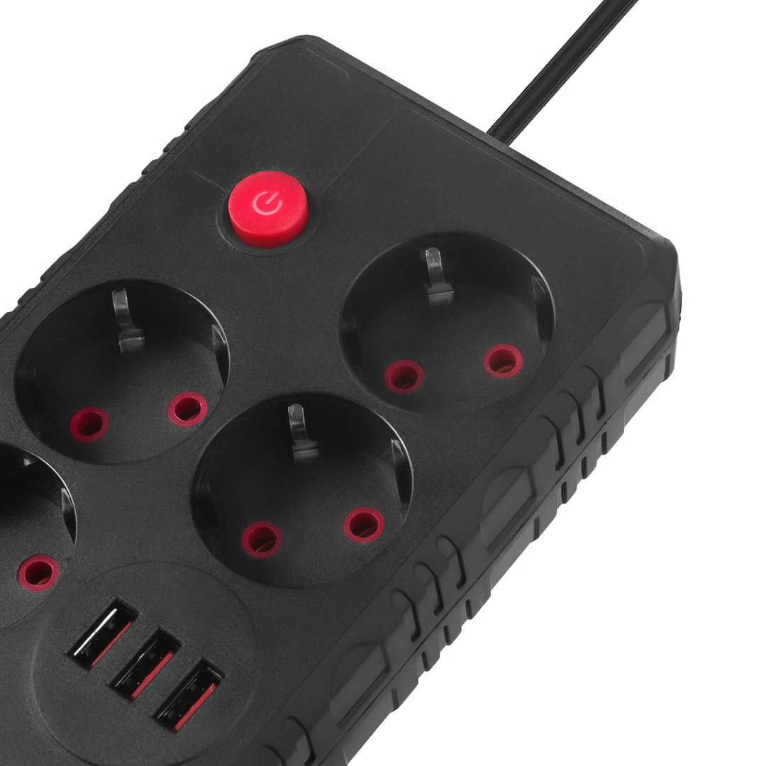 Listwa zasilająca Maclean, przedłużacz 4 gniazda + 3xUSB, 110-240V AC 50/60Hz, 2.1A max 2500W, 1,5m, czarna, MCE392 B