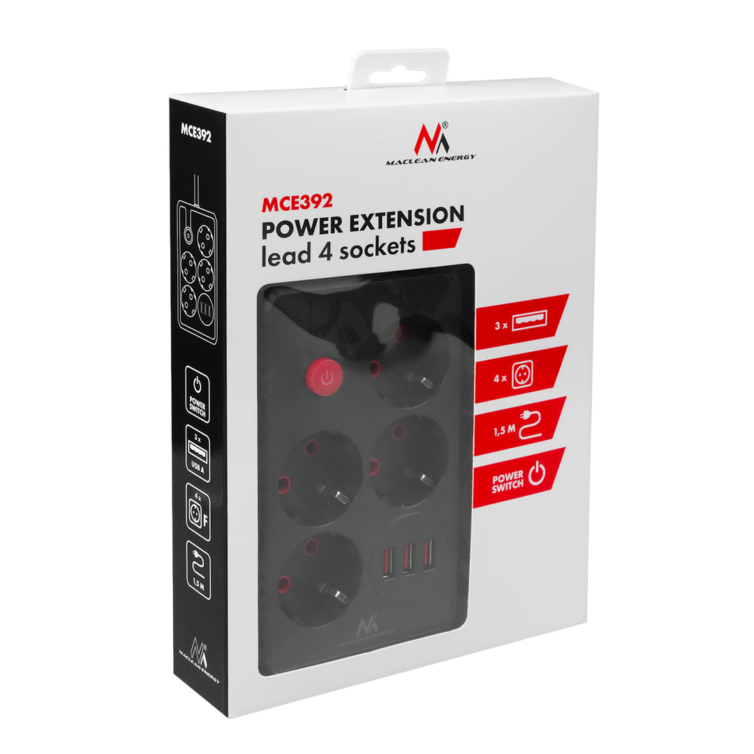 Listwa zasilająca Maclean, przedłużacz 4 gniazda + 3xUSB, 110-240V AC 50/60Hz, 2.1A max 2500W, 1,5m, czarna, MCE392 B