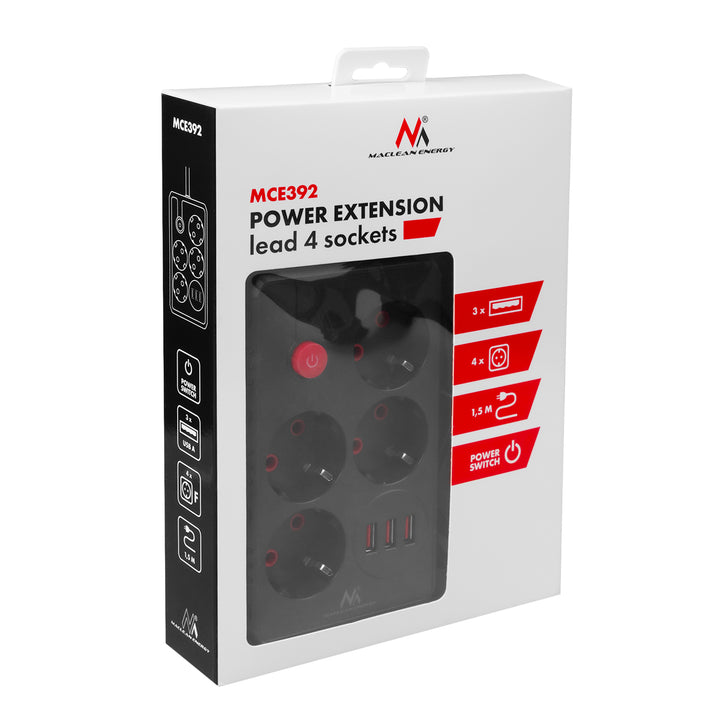 Listwa zasilająca Maclean, przedłużacz 4 gniazda + 3xUSB, 110-240V AC 50/60Hz, 2.1A max 2500W, 1,5m, czarna, MCE392 B