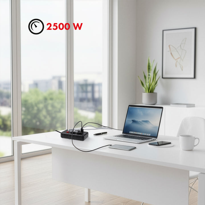 Listwa zasilająca Maclean, przedłużacz 4 gniazda + 3xUSB, 110-240V AC 50/60Hz, 2.1A max 2500W, 1,5m, czarna, MCE392 B