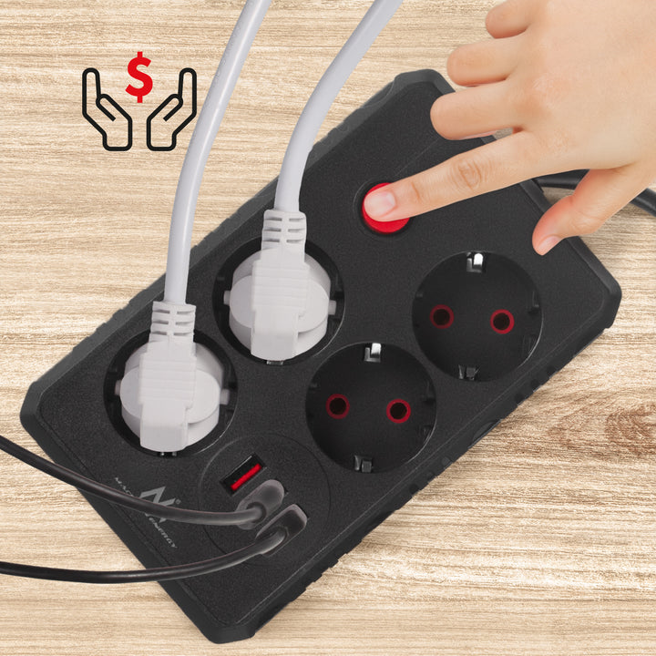 Listwa zasilająca Maclean, przedłużacz 4 gniazda + 3xUSB, 110-240V AC 50/60Hz, 2.1A max 2500W, 1,5m, czarna, MCE392 B