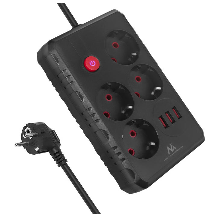 Listwa zasilająca Maclean, przedłużacz 4 gniazda + 3xUSB, 110-240V AC 50/60Hz, 2.1A max 2500W, 1,5m, czarna, MCE392 B