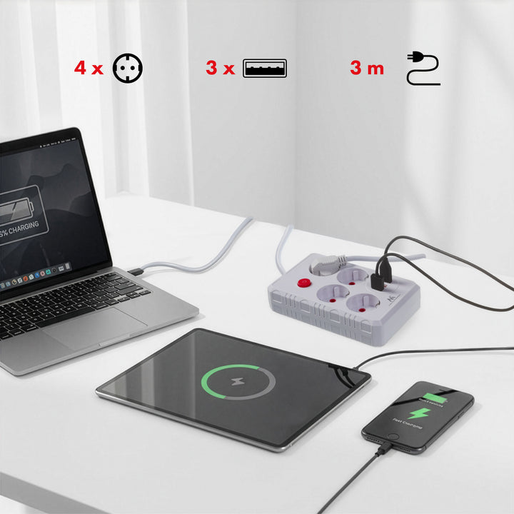 Listwa zasilająca Maclean, przedłużacz 4 gniazda + 3xUSB, 110-240V AC 50/60Hz, 2.1A max 2500W, 3m, biała, MCE393 W