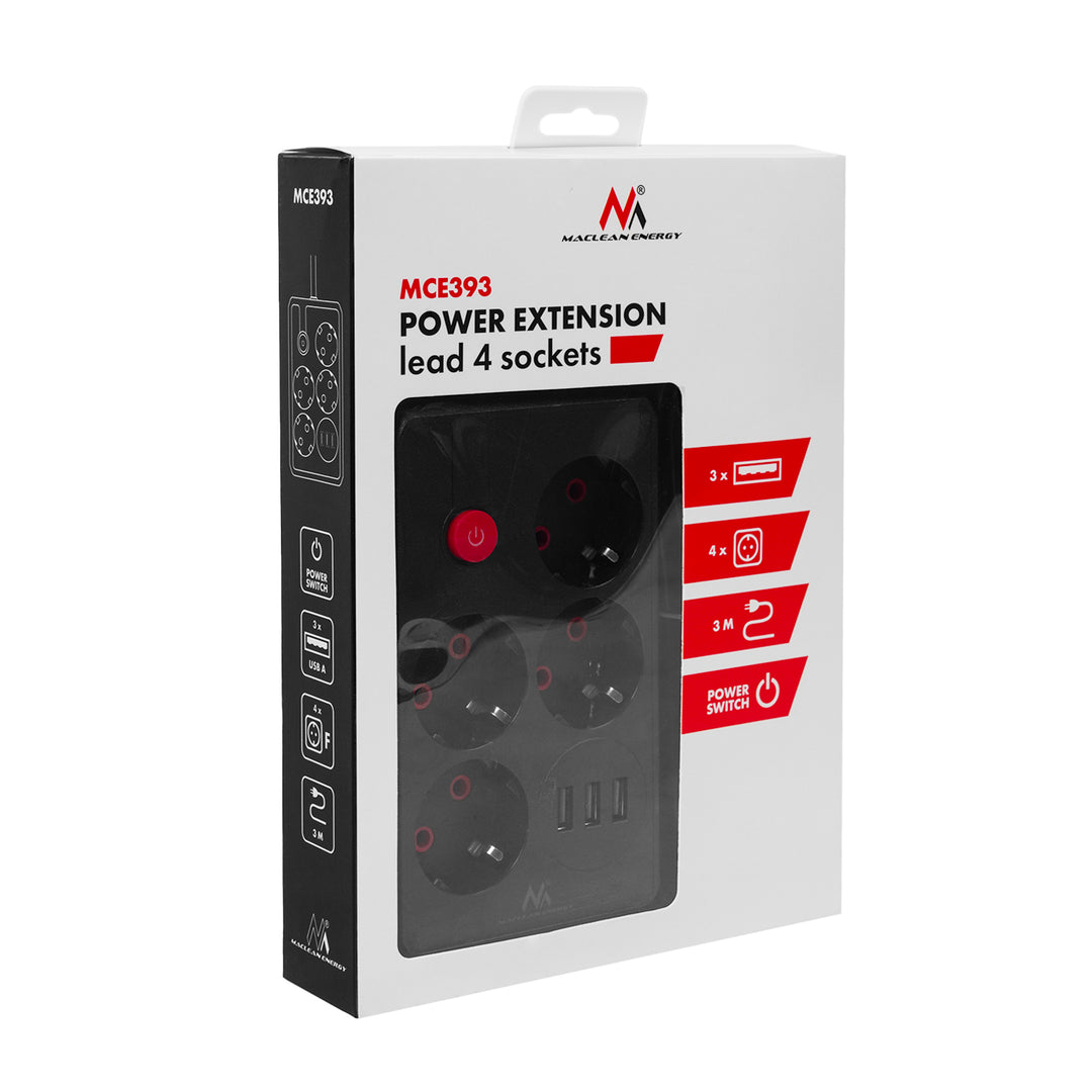 Listwa zasilająca Maclean, przedłużacz 4 gniazda + 3xUSB, 110-240V AC 50/60Hz, 2.1A max 2500W, 3m, czarna, MCE393 B