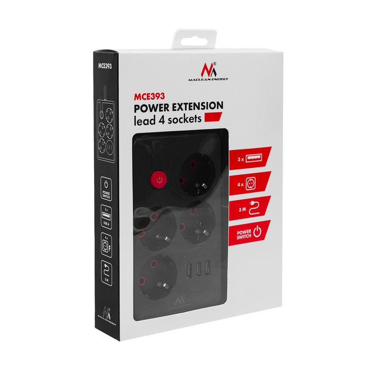 Listwa zasilająca Maclean, przedłużacz 4 gniazda + 3xUSB, 110-240V AC 50/60Hz, 2.1A max 2500W, 3m, czarna, MCE393 B