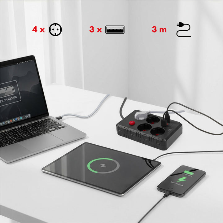 Listwa zasilająca Maclean, przedłużacz 4 gniazda + 3xUSB, 110-240V AC 50/60Hz, 2.1A max 2500W, 3m, czarna, MCE393 B