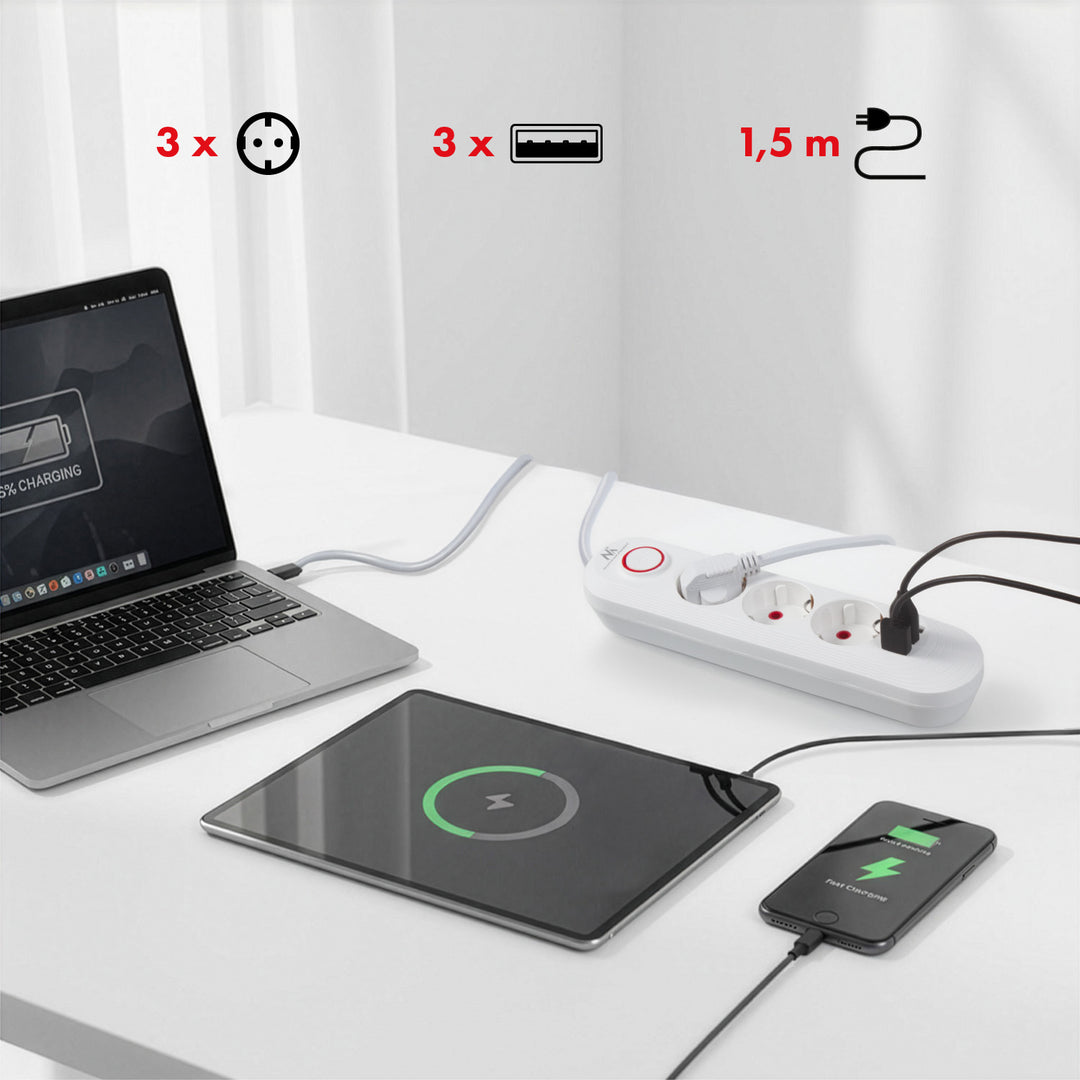 Listwa zasilająca Maclean, przedłużacz 3 gniazda + 3xUSB, 110-240V AC 50/60Hz, 2.1A max 2500W, 1,5m, biała, MCE394 W