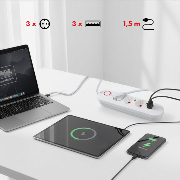 Listwa zasilająca Maclean, przedłużacz 3 gniazda + 3xUSB, 110-240V AC 50/60Hz, 2.1A max 2500W, 1,5m, biała, MCE394 W