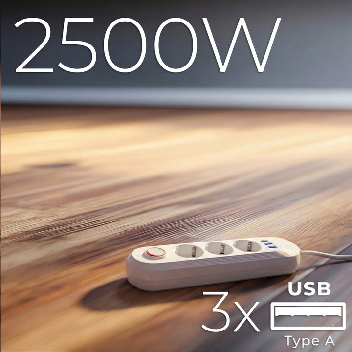 Listwa zasilająca Maclean, przedłużacz 3 gniazda + 3xUSB, 110-240V AC 50/60Hz, 2.1A max 2500W, 1,5m, biała, MCE394 W